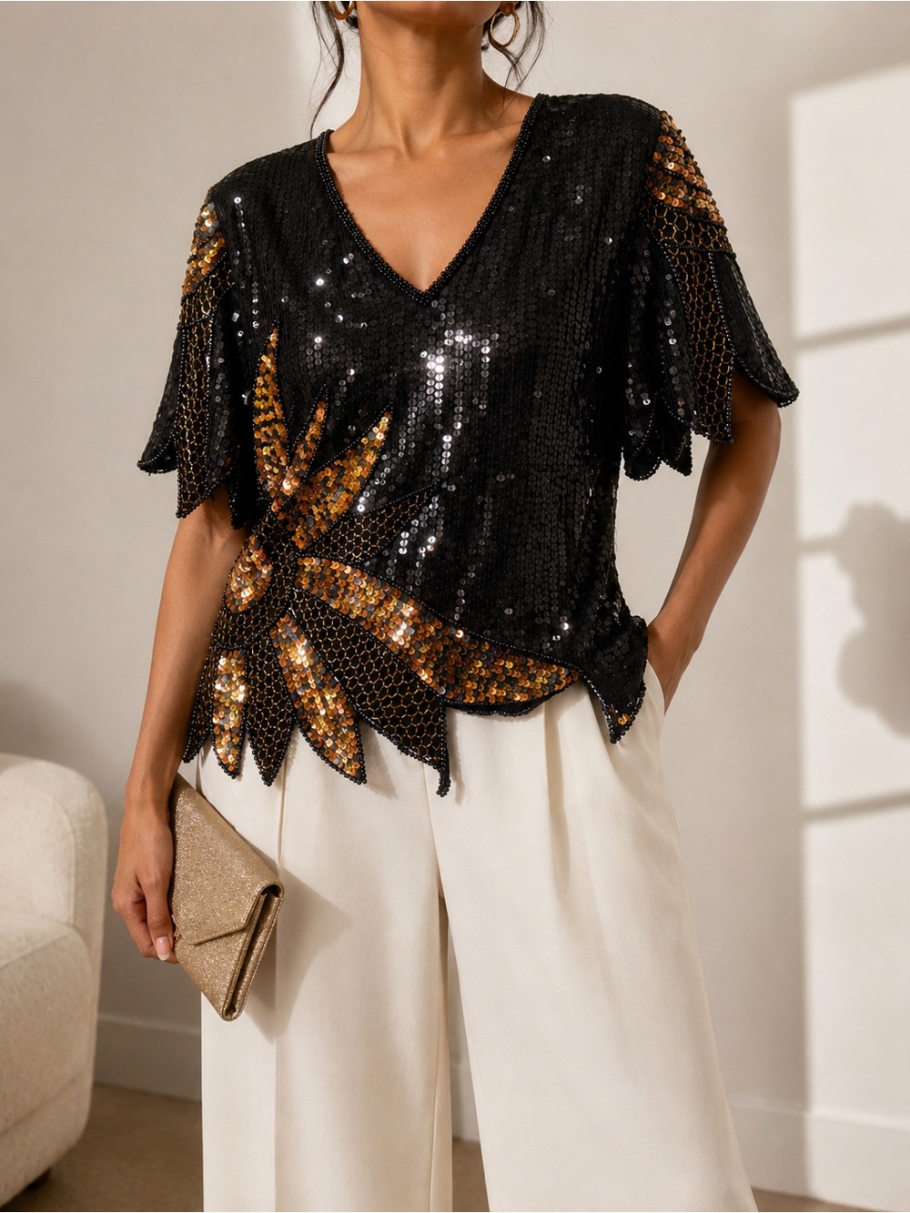 Sténay 100% Pure Silk Black Gold Sequin Beaded Floral Top XL